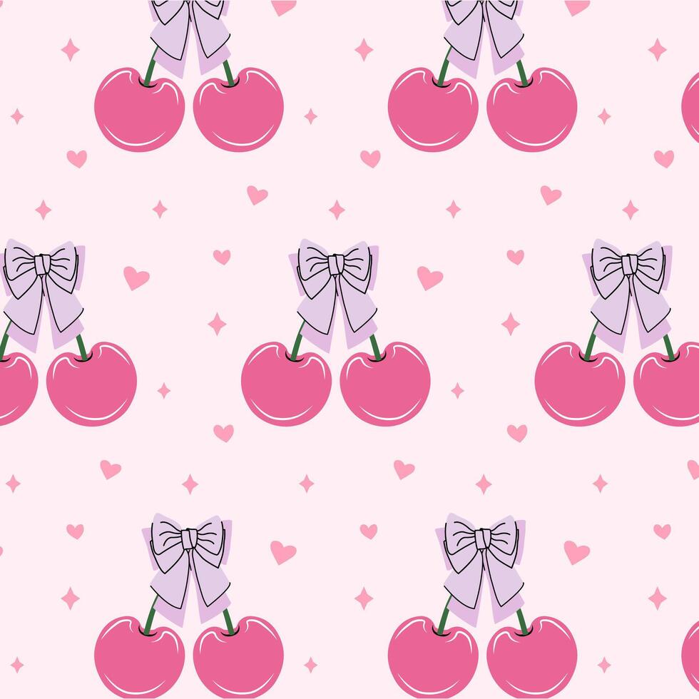 Seamless pattern of pink cherries and bows. Gift ribbons in hand drawn styles. Coquette core cute trendy design. Design for wrapping paper, packaging, background, fabric, textile, home decor, gifts vector