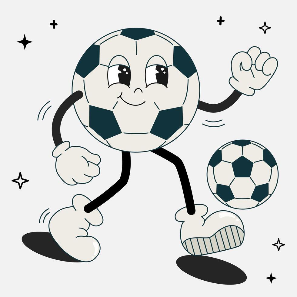 Football ball groovy retro character play with ball. Soccer mascot with different emotions and poses. Funny characters in doodle style. Flat illustration isolated. 60 -70s vibes sticker set. vector