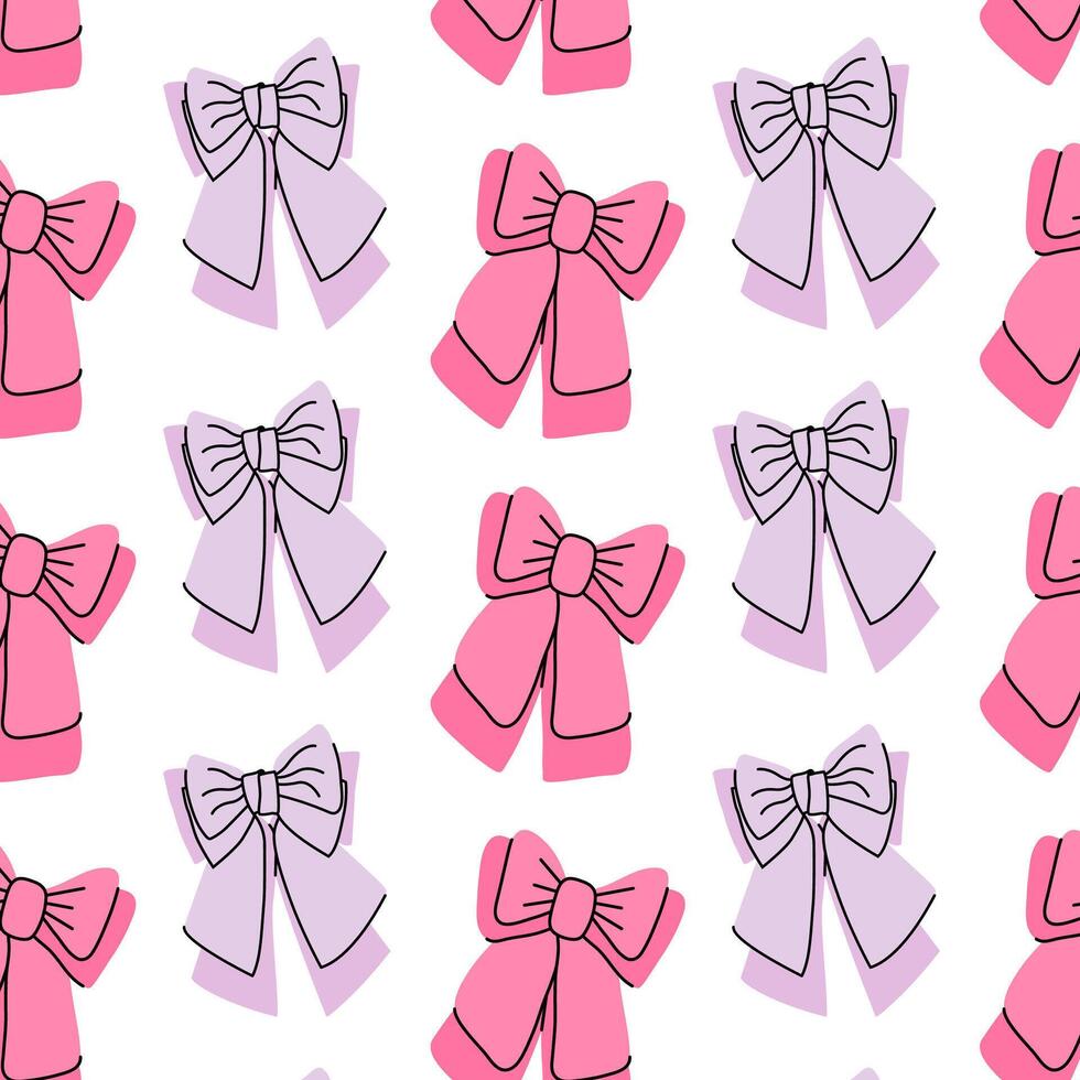 Seamless pattern with pink and purple bows. Gift ribbons in hand drawn and flat styles. Fashionable illustration. Hair girly accessory. Bows for gift wrapping. Coquette core cute design. vector