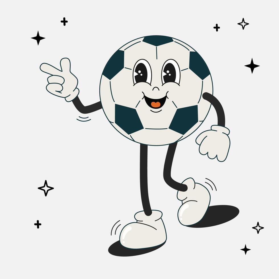 Football ball groovy retro character. Soccer mascot with different emotions and poses. Funny cute comics characters in doodle style. Flat illustration isolated. 60 -70s vibes sticker set. vector