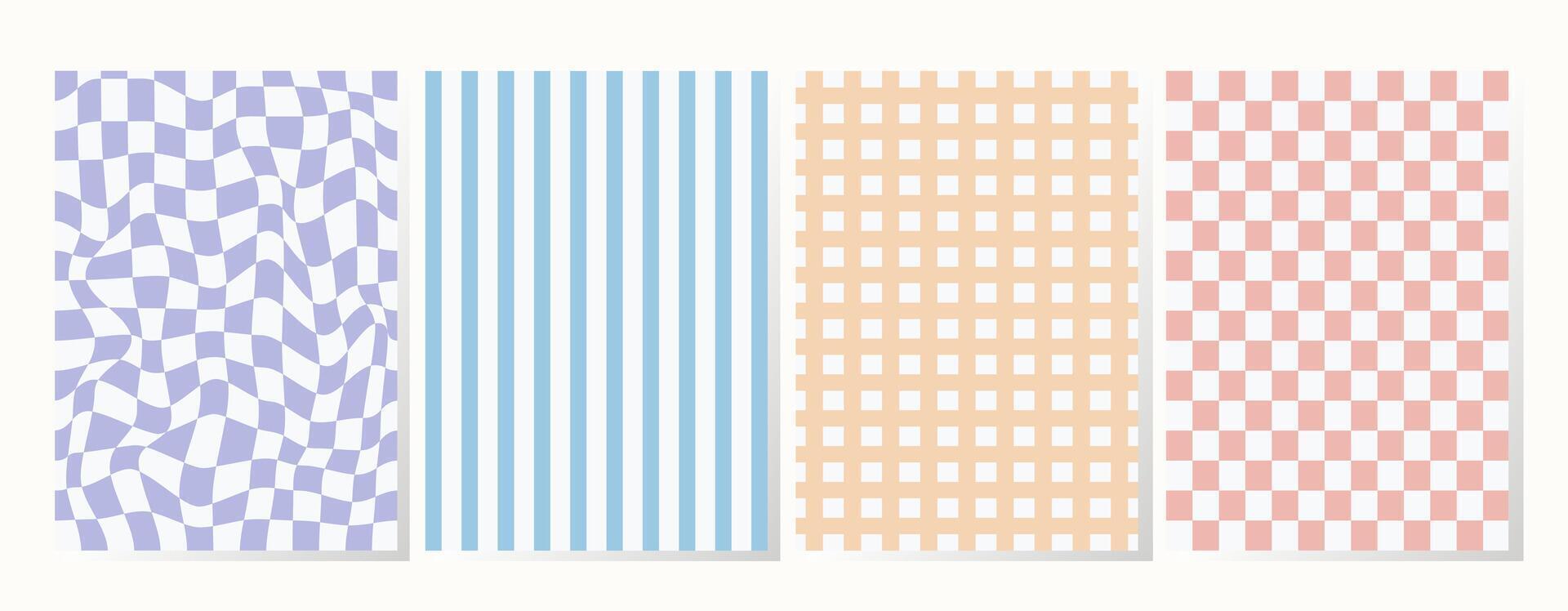 Set of retro backgrounds in pastel colors. Collection groovy checkered pattern in trendy retro y2k style. Vintage aesthetic psychedelic checkerboard texture of the 60-70s. Funky hippie textile print vector