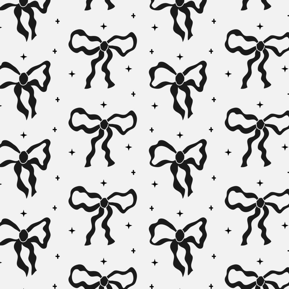 Seamless pattern with black bows and stars. Gift ribbons in hand drawn and flat styles. Fashionable illustration. Bows for gift wrapping, background, fabric, textile. Coquette core cute design vector