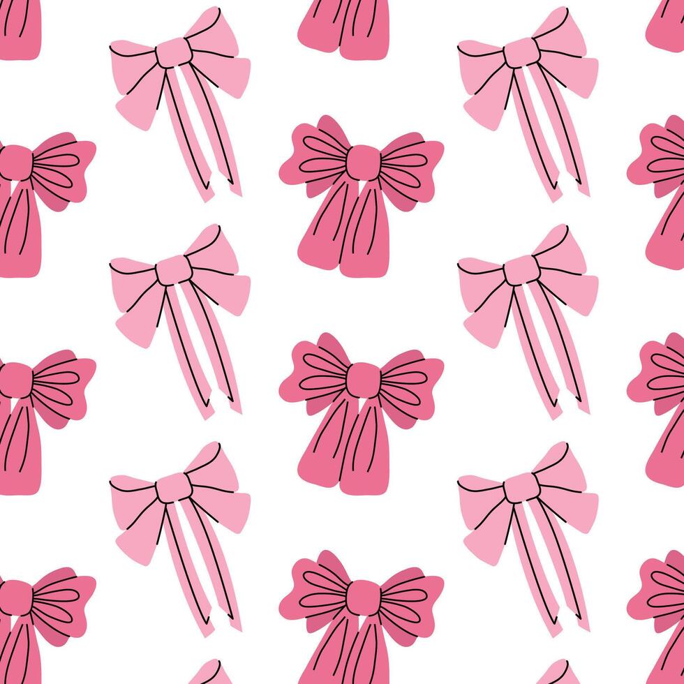 Seamless pattern with pink bows. Gift ribbons in hand drawn and flat styles. Fashionable illustration. Hair girly accessory. Bows for gift wrapping. Coquette core cute design. vector