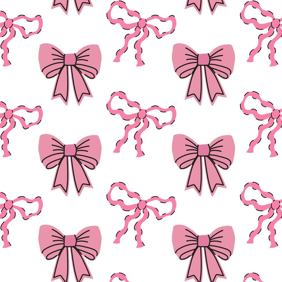 Seamless pattern with pink bows. Gift ribbons in hand drawn and flat styles. Fashionable illustration. Hair girly accessory. Bows for gift wrapping. Coquette core cute design. vector