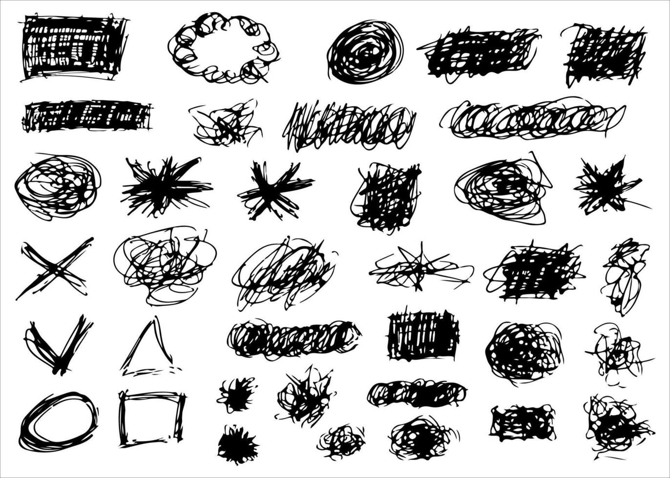 Pen curly lines and squiggles, wide strokes. Grunge scribble black strokes set. Hand drawn marker scribbles. Black pencil sketches, drawings. Scrawl elements isolated on white background vector