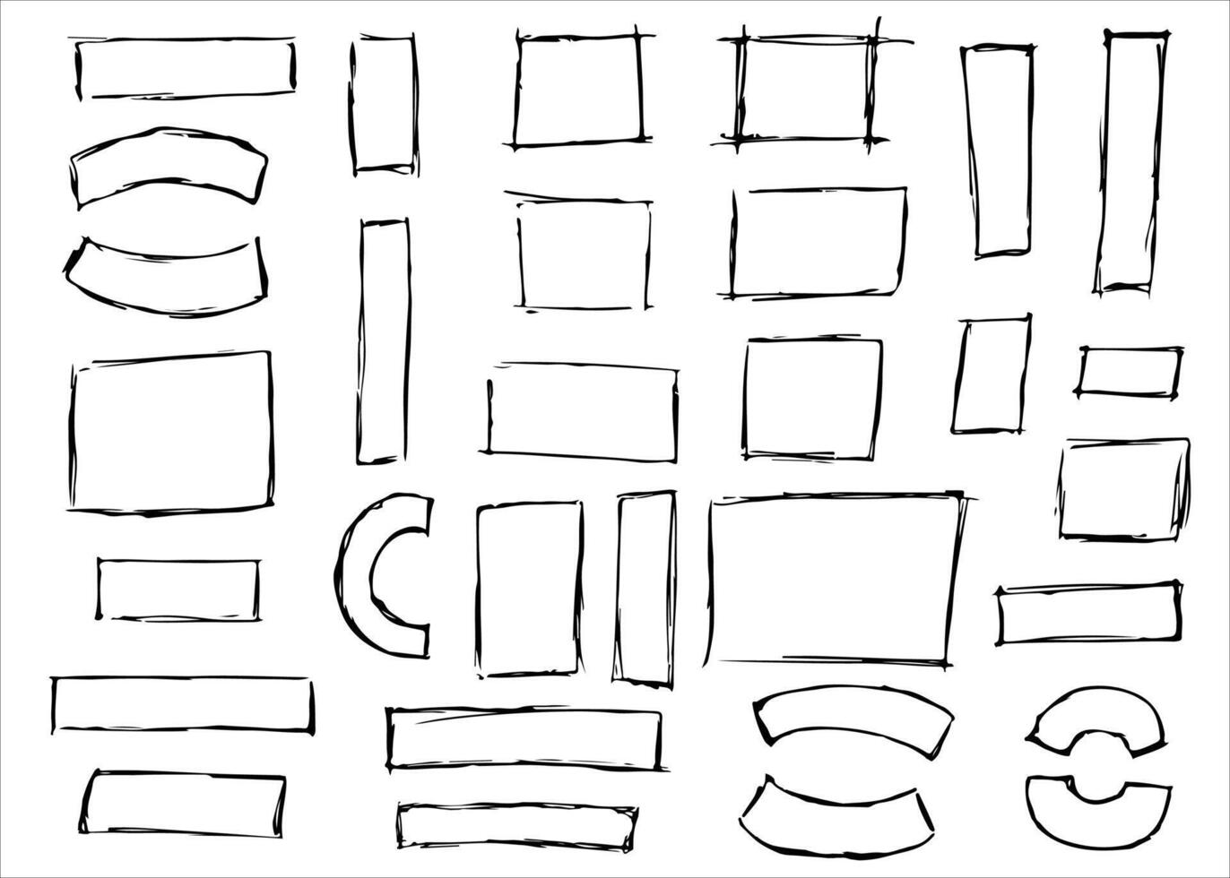 Hand drawn doodle grunge square highlights. Charcoal pen rectangle borders. Doodle marker scribbles frames. Collection of strokes frames for emphasis, text highlighting, sketchbook vector