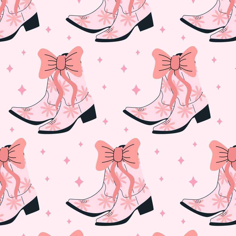 Seamless pattern with coquette pink boots and bows. Gift ribbons in hand drawn and flat styles. Fashionable illustration. Coquette core cute design. Girly western in flat illustration. vector