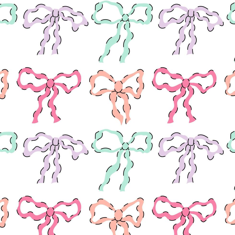 Seamless pattern with pastele various wavy bows. Gift ribbons in hand drawn and flat styles. Fashionable illustration. Hair girly accessory. Bows for gift wrapping. Coquette core cute design. vector