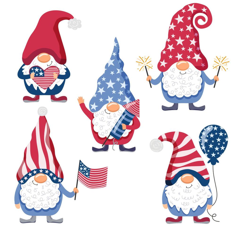 gnomos son patriotas de el EE.UU. gnomos celebrar el 4to de julio. ilustración vector