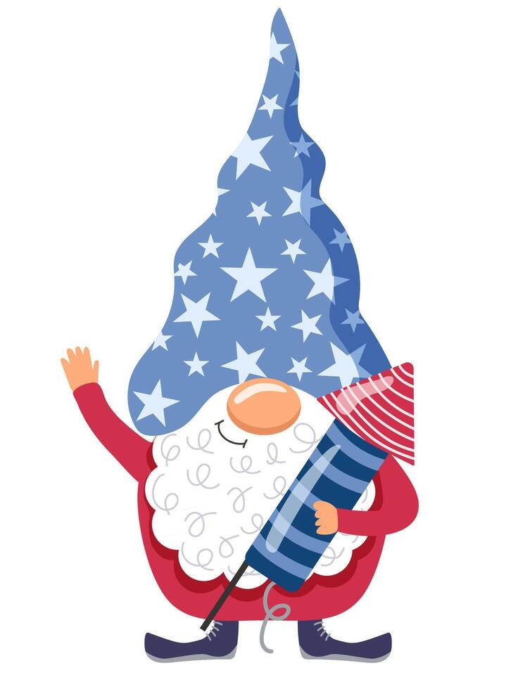 gnome patriot USA. The gnome is holding a firecracker. Gnomes celebrate the 4th of July. illustration vector