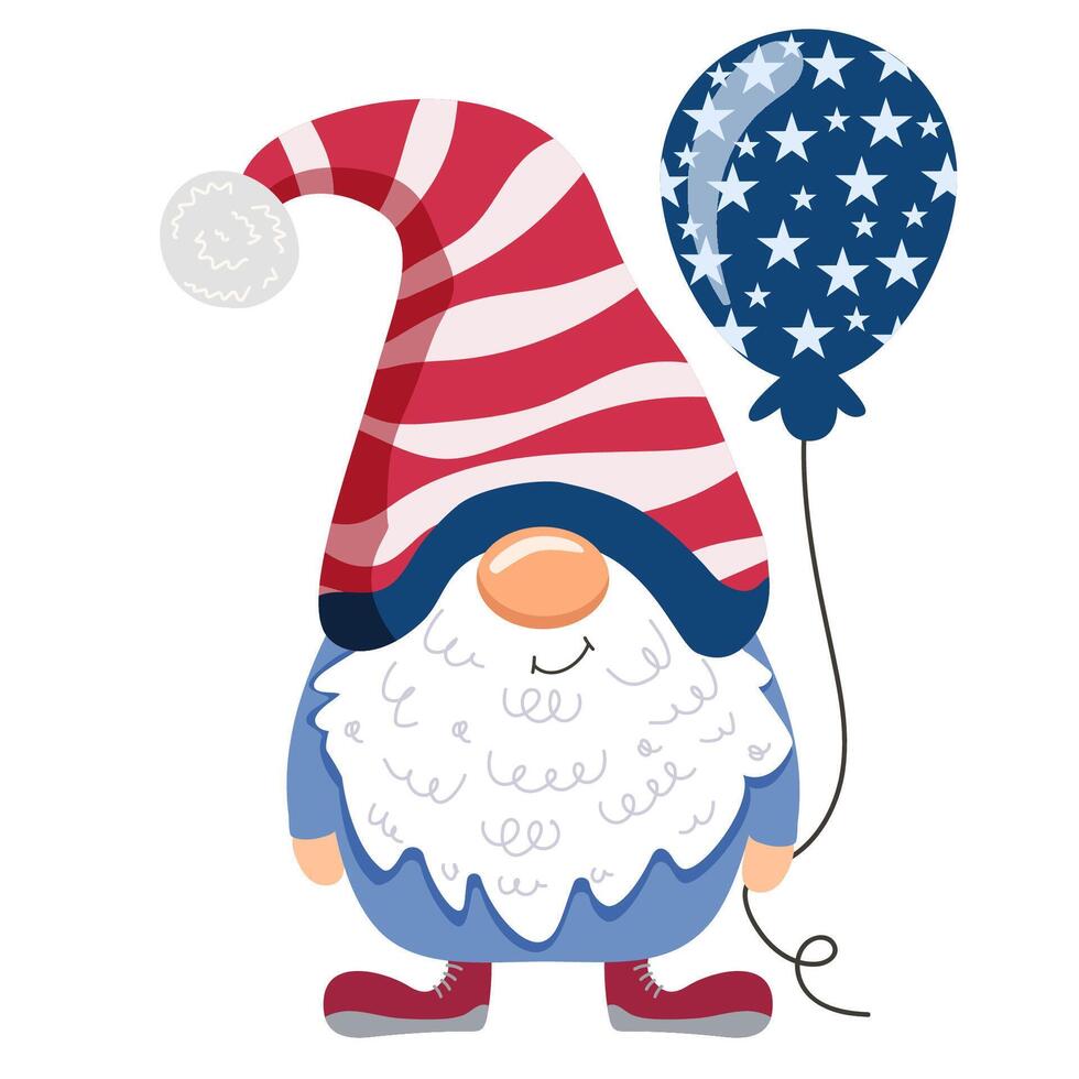 gnome patriot USA. The gnome is holding a balloon. Gnomes celebrate the 4th of July. illustration vector