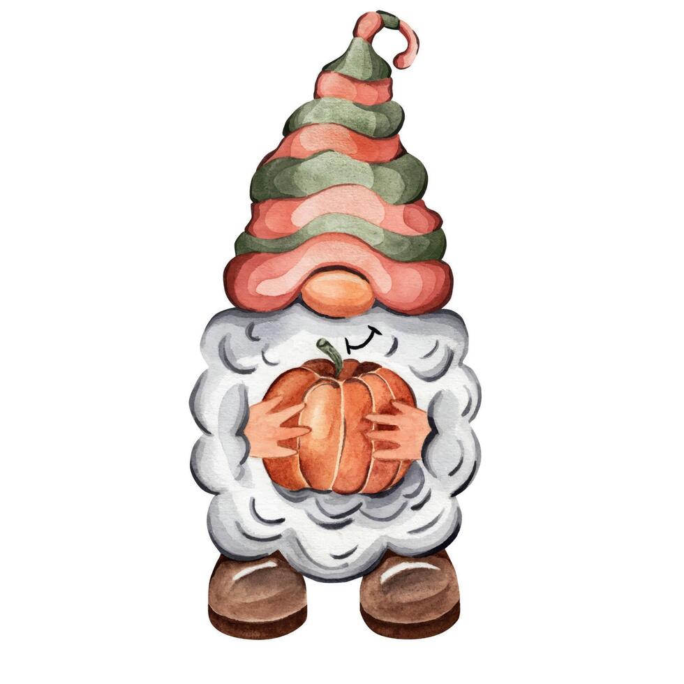 Cute gnome with pumpkin. Watercolor illustration vector