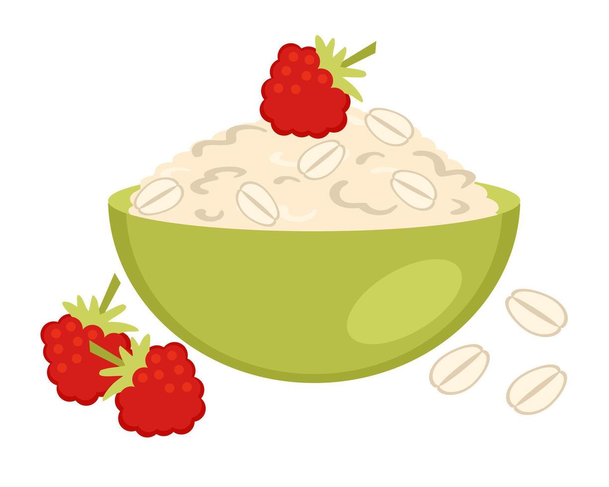 Oatmeal porridge in green bowl with raspberry berries. Perfect for menu, sticker, poster. vector