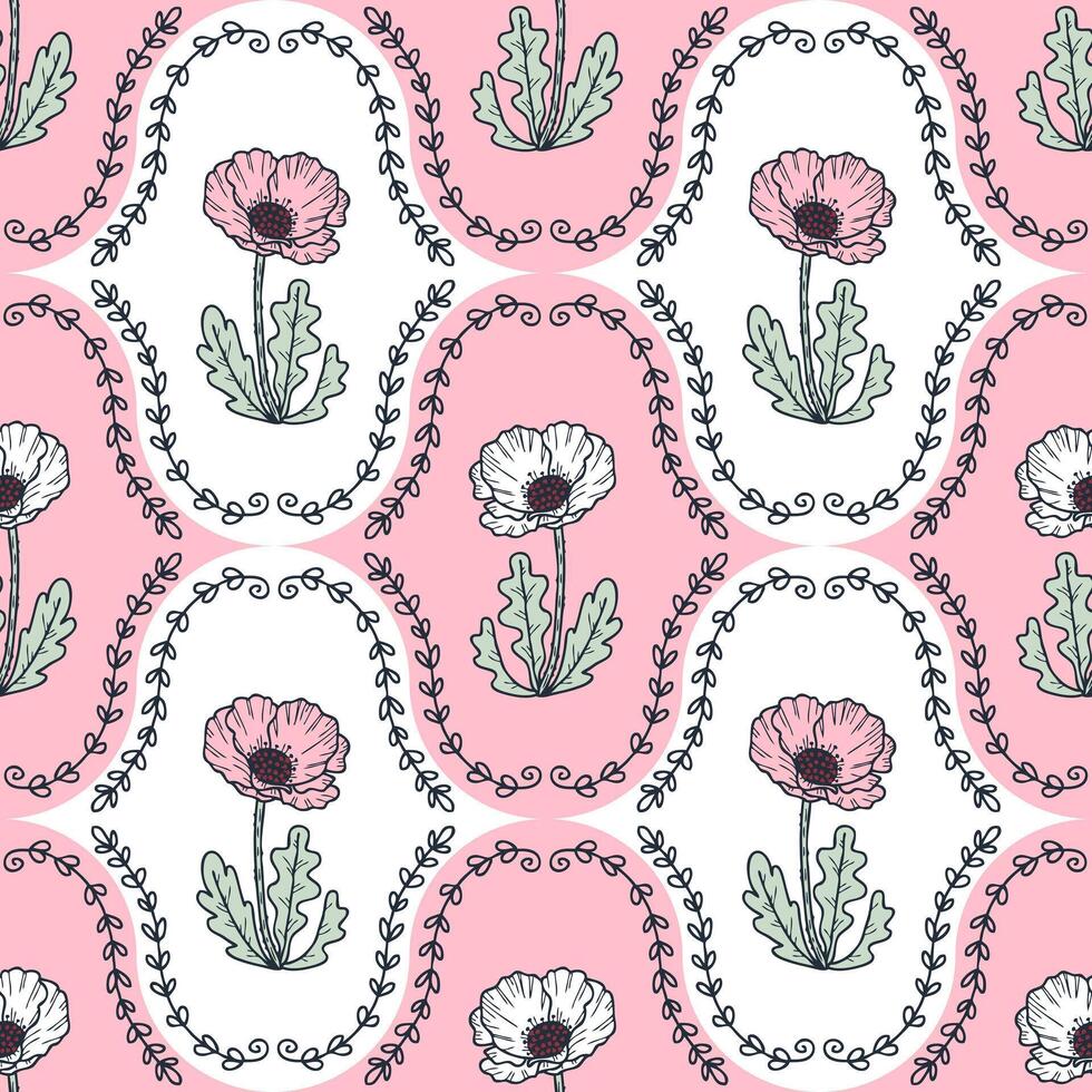 Poppy flowers realistic doodle plants seamless pattern. Floral print for tee, paper, textile and fabric. Hand drawn illustration. vector