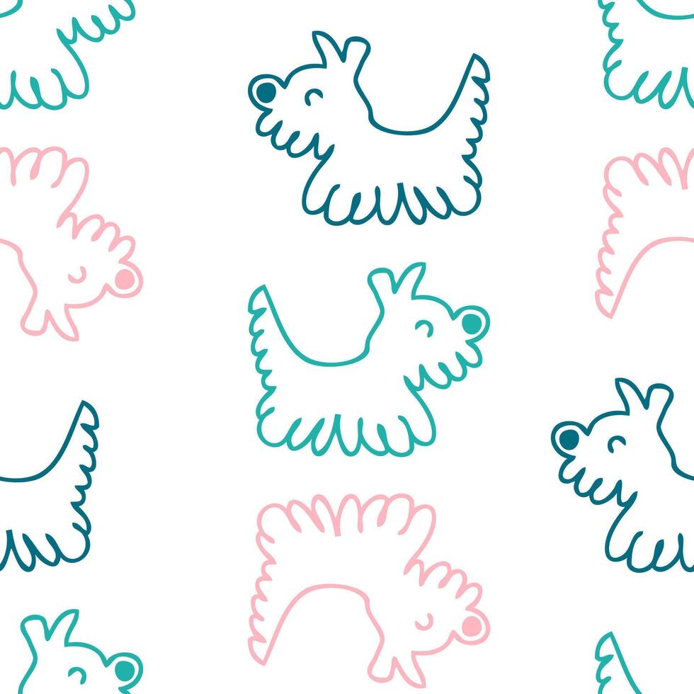 Animal cartoon seamless pattern with cute doodle shaggy dogs. Perfect print for tee, paper, textile and fabric. Hand drawn illustration for decor and design. vector