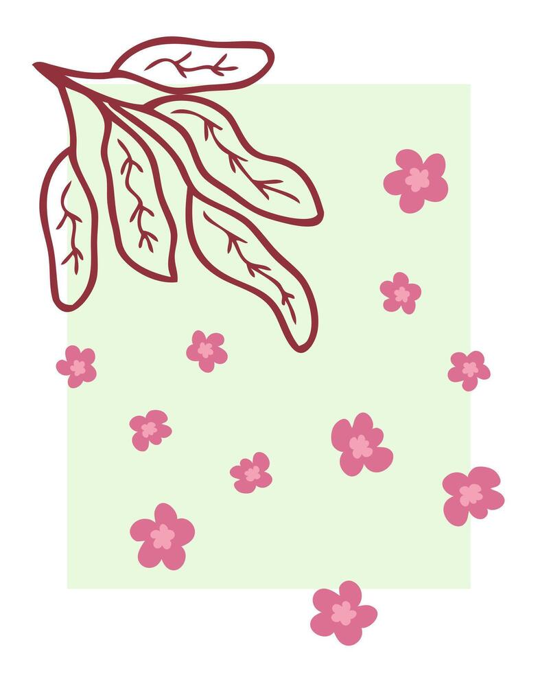 Doodle leaves branch with falling sakura flowers. Perfect print for tee, sticker, poster. Hand drawn illustration. vector