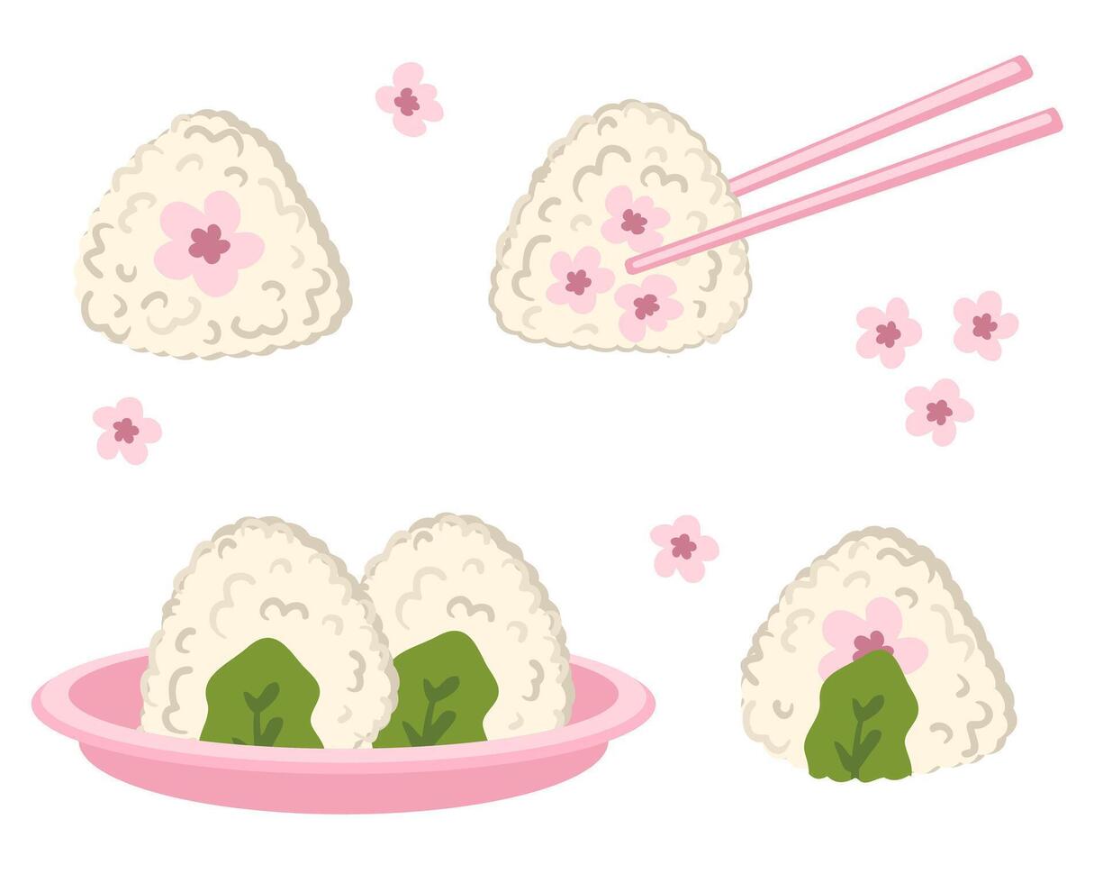 Japanese sakura onigiri rice balls collection. Perfect for stickers, posters, menu and stationery. Hand drawn illustration for decor and design. vector