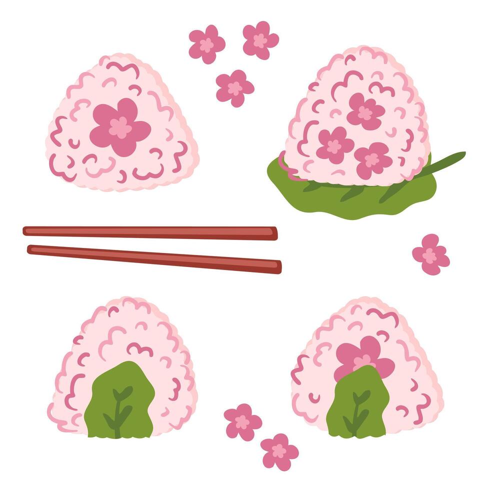 sakura onigiri arroz pelotas primavera recopilación. Perfecto para pegatinas, carteles, menú y papelería. mano dibujado ilustración para decoración y diseño. vector