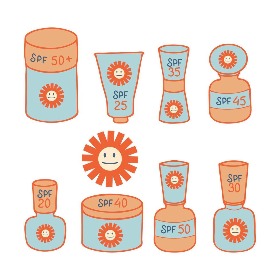 Sunscreen tubes with various SPF clipart collection. Summer skin care concept. Hand drawn illustration for decor and design. vector