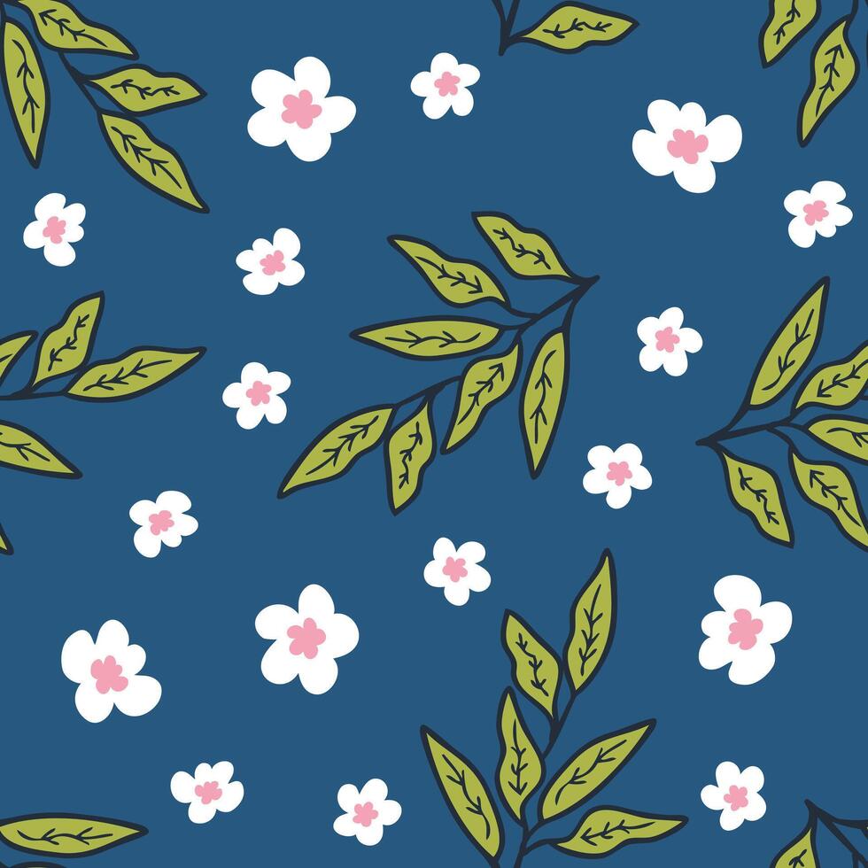 garabatear hojas rama con que cae sakura flores sin costura modelo. Perfecto impresión para tee, papel, textil y tela. mano dibujado ilustración. vector