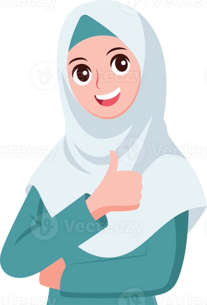 Smiling muslim female thumbs up flat illustration png