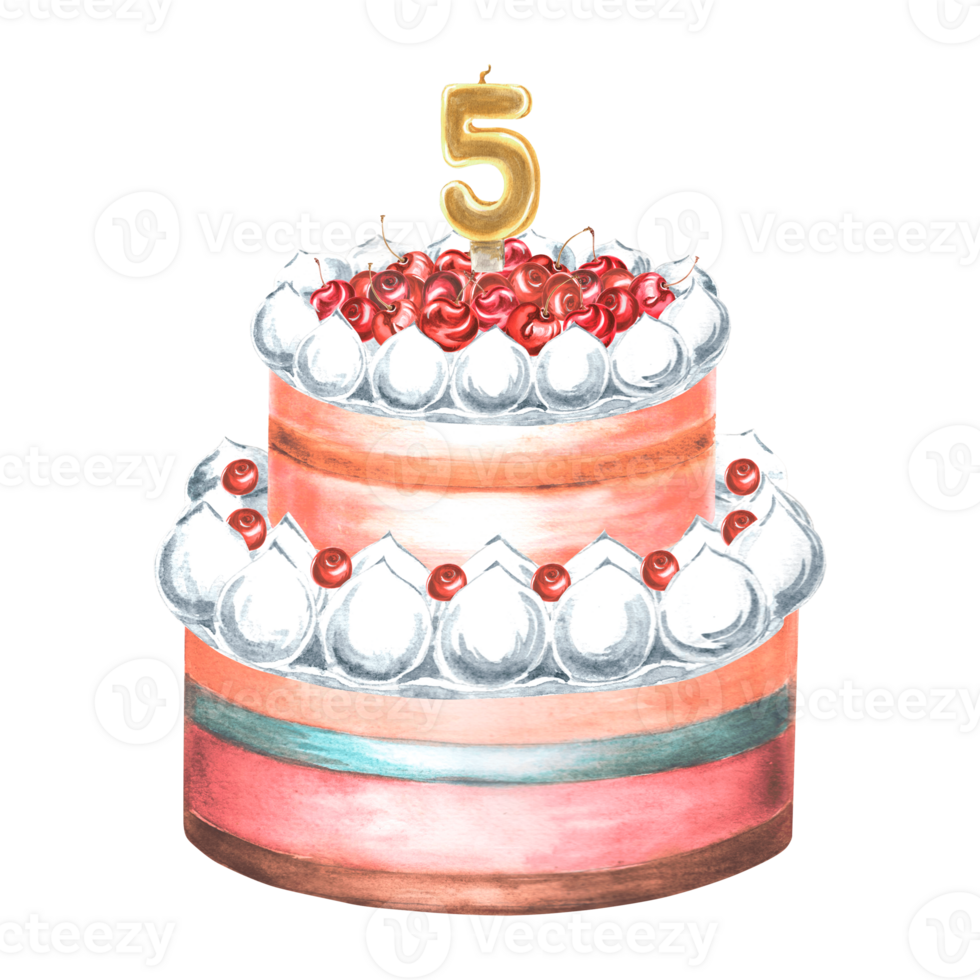 Cake with meringue, cherries and candles 5. Watercolor illustrations for menu and packaging design, window dressing, printing on tableware and textiles, making stickers and embroidery designs. png
