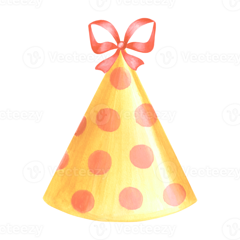 partij hoed geel met boog polka punt. waterverf hand- getrokken illustratie. sjabloon van feestelijk accessoires voor verjaardag en kinderen partij decoratie. geïsoleerd clip art voor kaart, uitnodiging, afdrukken, sticker. png