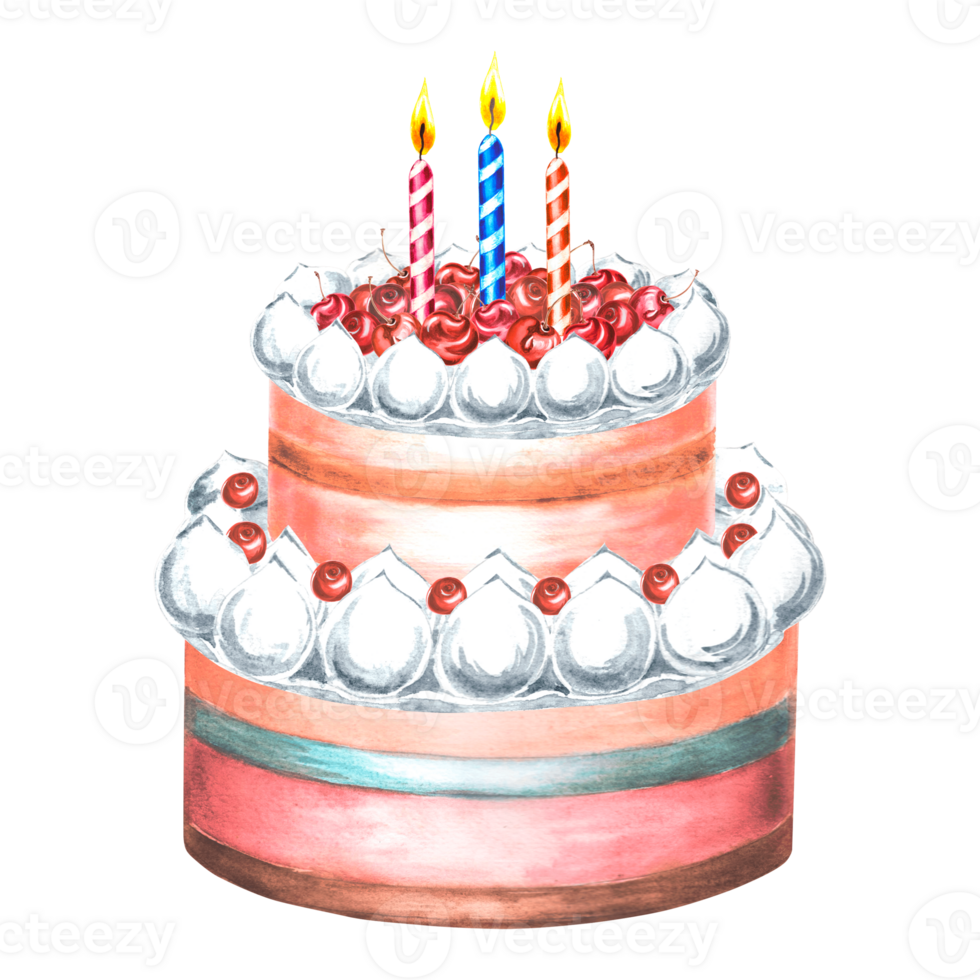 Cake with meringue, cherries and three candles. Watercolor illustrations for menu and packaging design, window dressing, printing on tableware and textiles, making stickers and embroidery designs. png