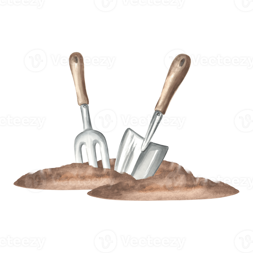 Trowel and rake in pile of soil. Garden tool for cultivating land. Equipment for farm, garden, plants. Hand drawn watercolor illustration, isolated composition. Template for package, sticker, printing png