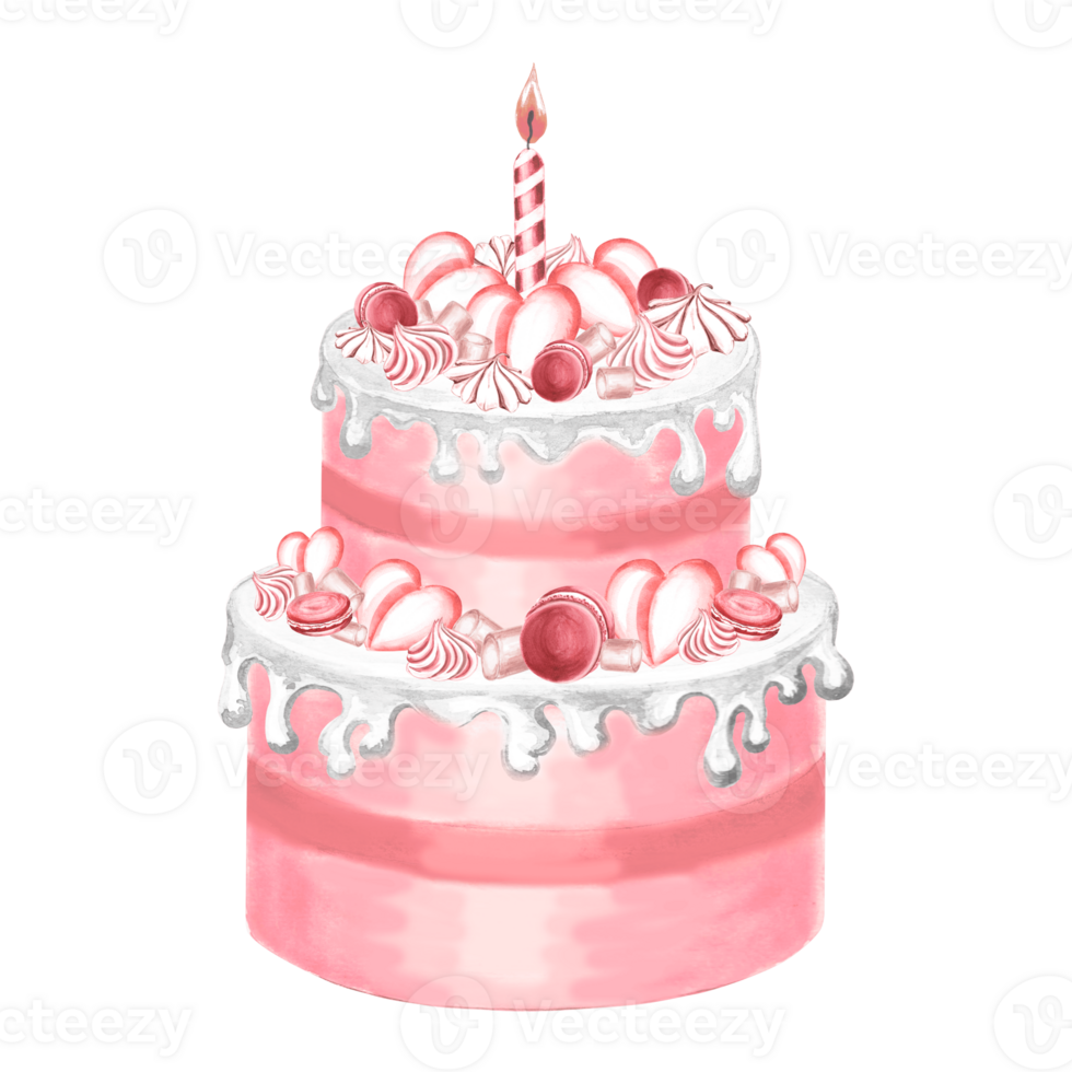 Cake with pink candle, hearts marshmallow and meringue for Valentine's Day. Dessert with macaroons, marshmallow, glaze and candle. Hand drawn watercolor illustration for various designs, menu png