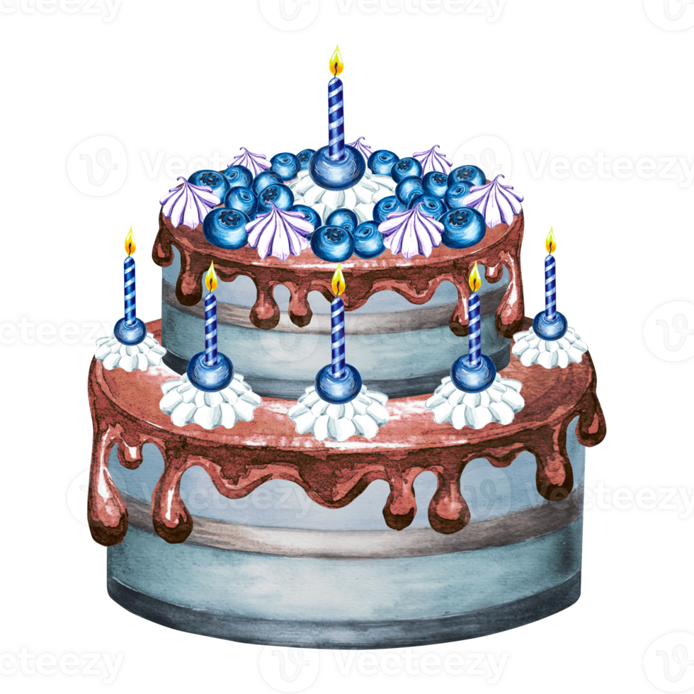 Cake with chocolate glaze, blueberries and candle. Watercolor illustrations for menu and packaging design, window dressing, printing on tableware and textiles, making stickers and embroidery png