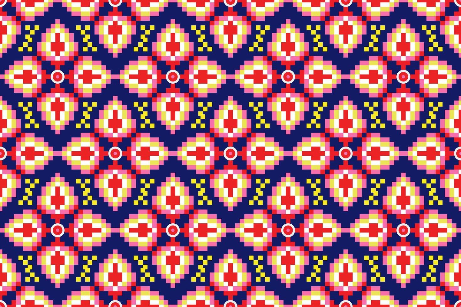 Geometric ethnic floral pixel art embroidery, Aztec style, abstract background design for fabric, clothing, textile, wrapping, decoration, scarf, print, wallpaper, table runner. vector