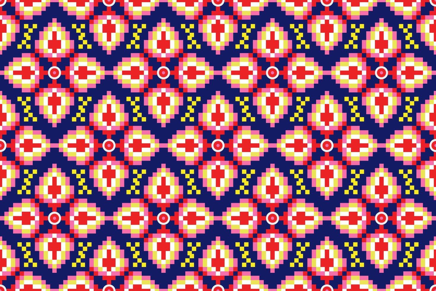 Geometric ethnic floral pixel art embroidery, Aztec style, abstract background design for fabric, clothing, textile, wrapping, decoration, scarf, print, wallpaper, table runner. vector