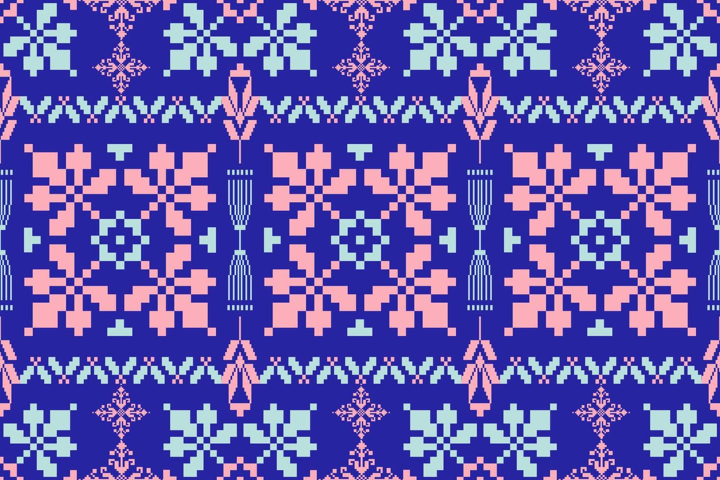 Geometric ethnic floral pixel art embroidery, Aztec style, abstract background design for fabric, clothing, textile, wrapping, decoration, scarf, print, wallpaper, table runner. vector