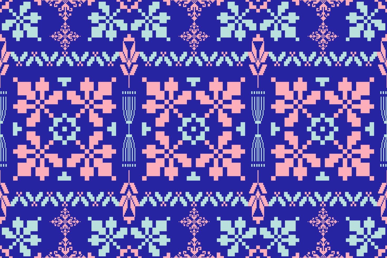 Geometric ethnic floral pixel art embroidery, Aztec style, abstract background design for fabric, clothing, textile, wrapping, decoration, scarf, print, wallpaper, table runner. vector