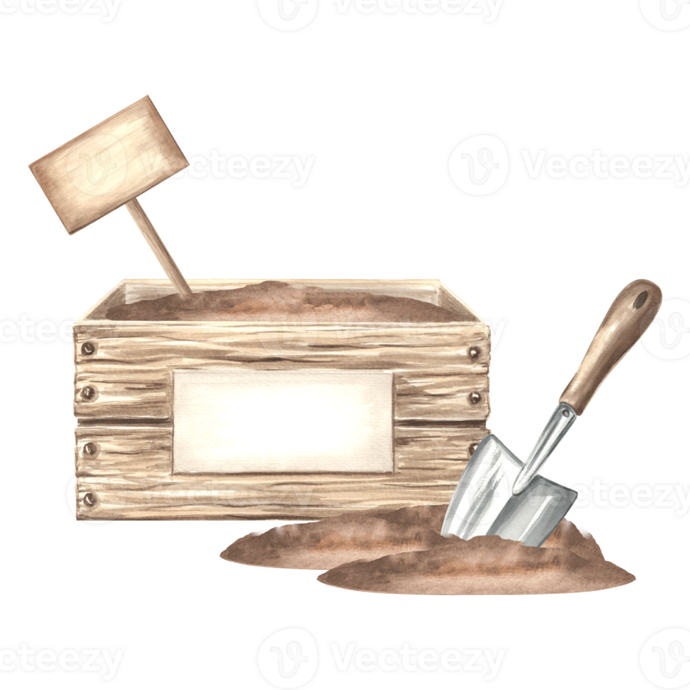 Gardening tools and supplies. Crate with ground for seedling, sign, trowel in soil. Hand drawn watercolor illustration of horticulture, isolated composition. Template for packaging, sticker, printing. png