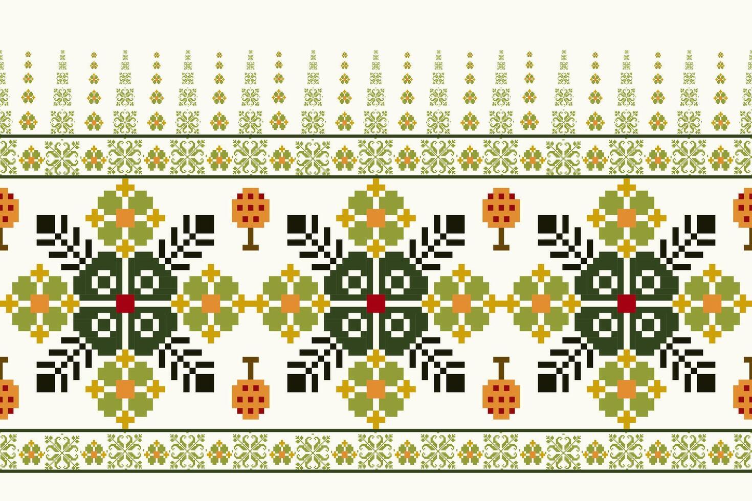 Geometric ethnic floral pixel art embroidery, Aztec style, abstract background design for fabric, clothing, textile, wrapping, decoration, scarf, print, wallpaper, table runner. vector