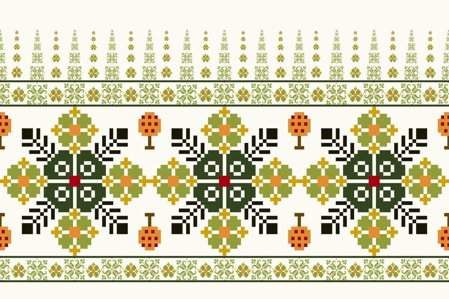 geométrico étnico floral píxel Arte bordado, azteca estilo, resumen antecedentes diseño para tela, ropa, textil, envase, decoración, bufanda, imprimir, fondo de pantalla, mesa corredor. vector