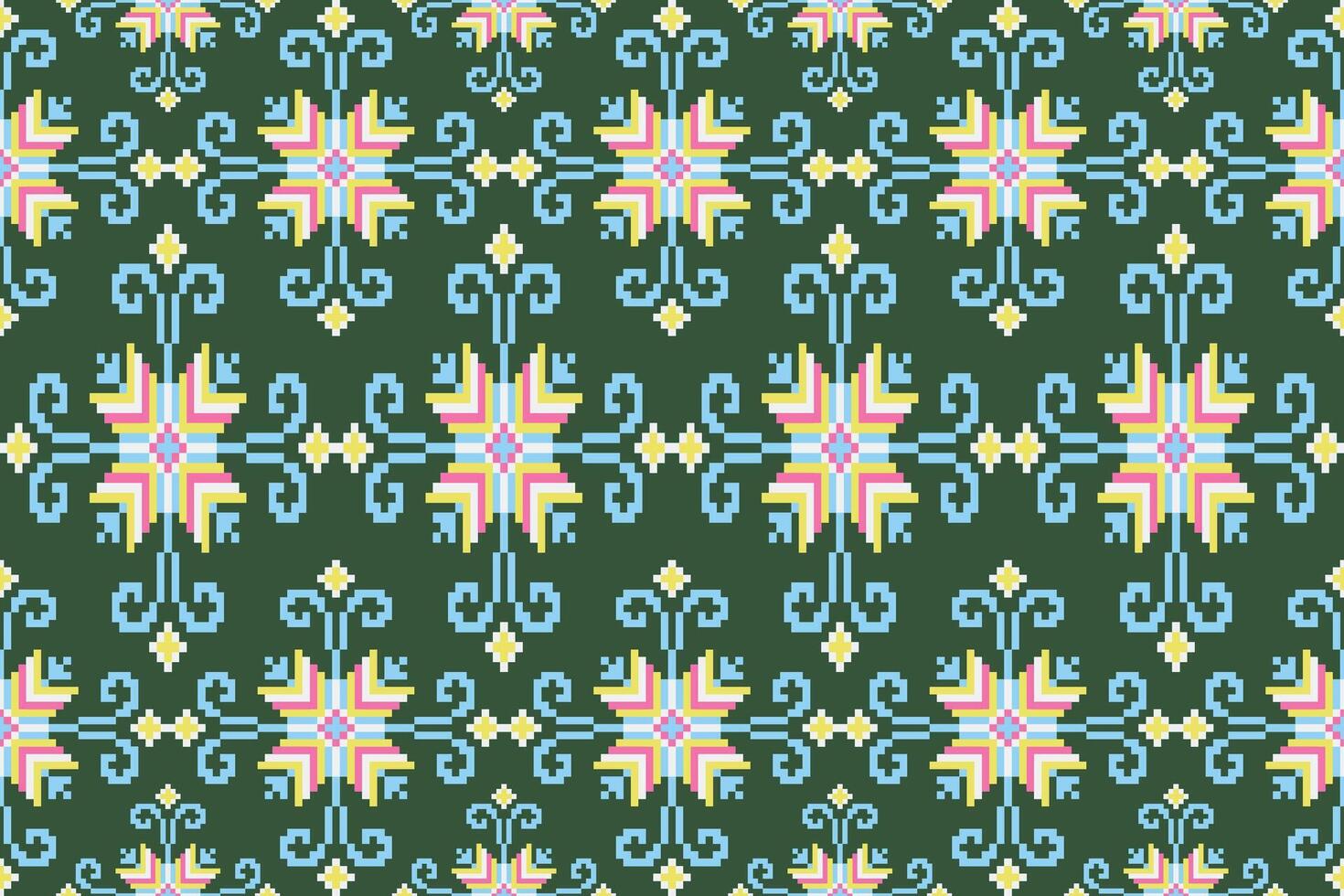 Geometric ethnic floral pixel art embroidery, Aztec style, abstract background design for fabric, clothing, textile, wrapping, decoration, scarf, print, wallpaper, table runner. vector