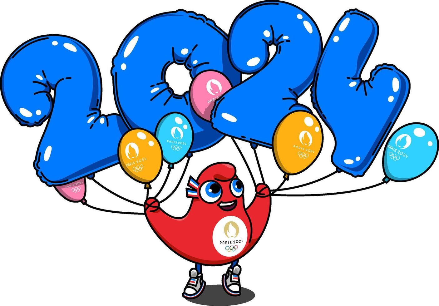 mascota frige sostiene azul globos en el formar de números 2024 en su manos. el símbolo de el verano olímpico y paralímpico juegos en París 2024 vector