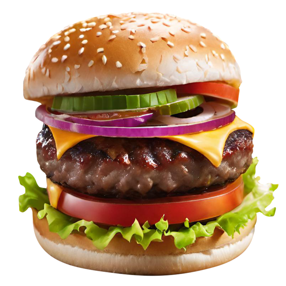 Delicious burger with beef burger bacon cheese and meat bread lettuce tomatoes png