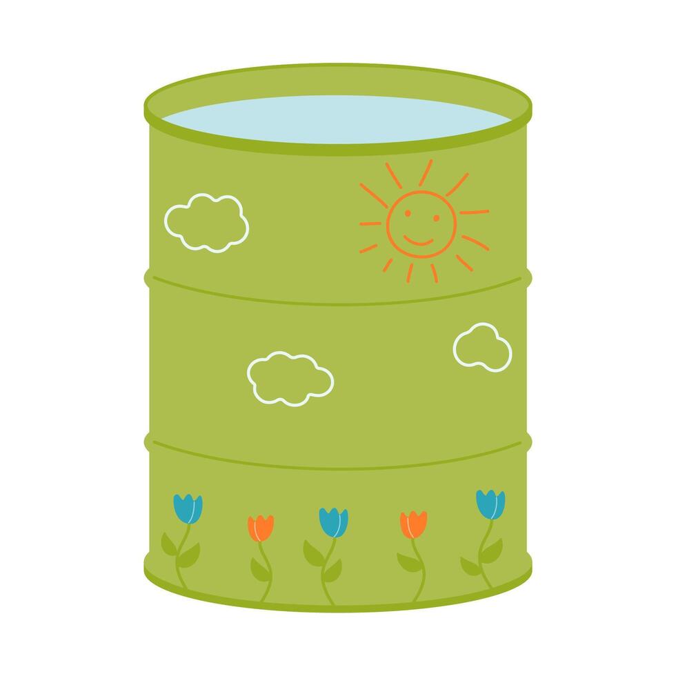 A garden barrel with water. A rainwater storage tank. Watering plants. vector