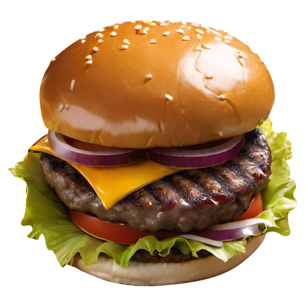 Delicious burger with beef burger bacon cheese and meat bread lettuce tomatoes png