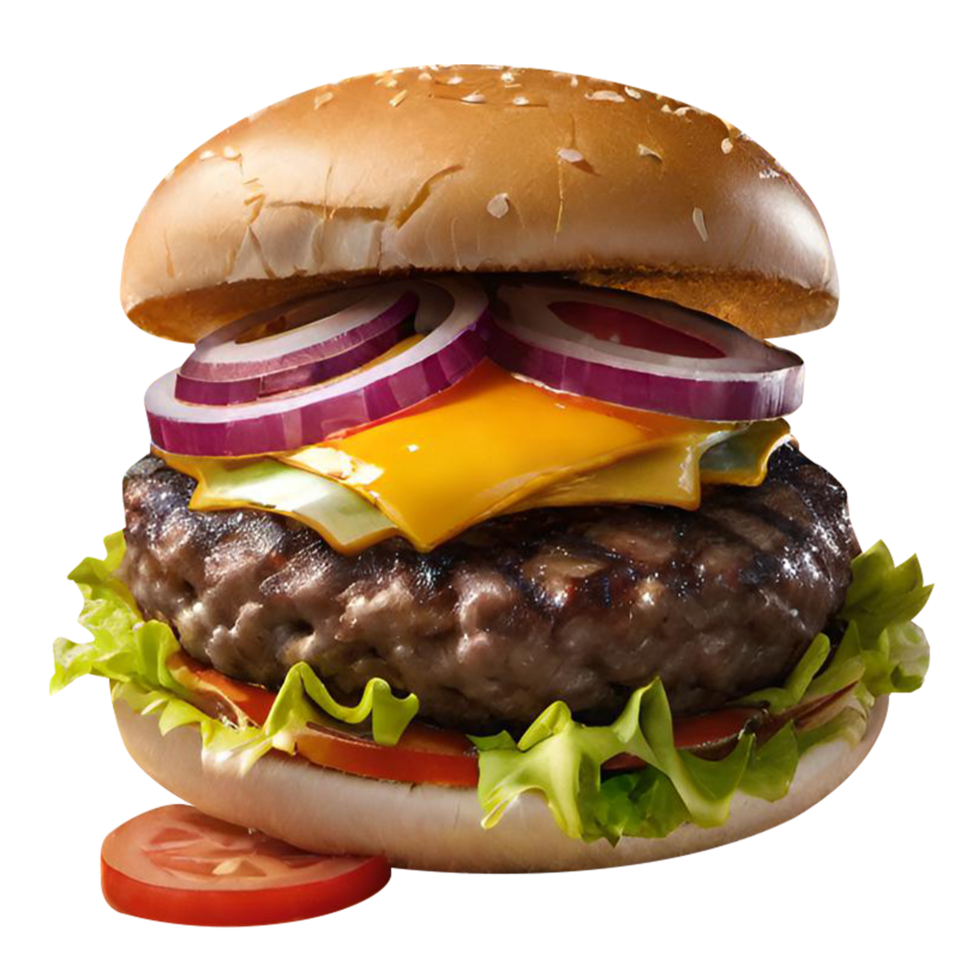 Delicious burger with beef burger bacon cheese and meat bread lettuce tomatoes png