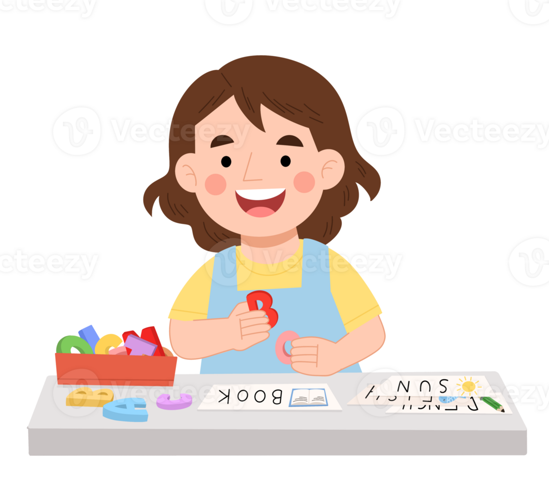 Illustration of little girl learning the alphabet png