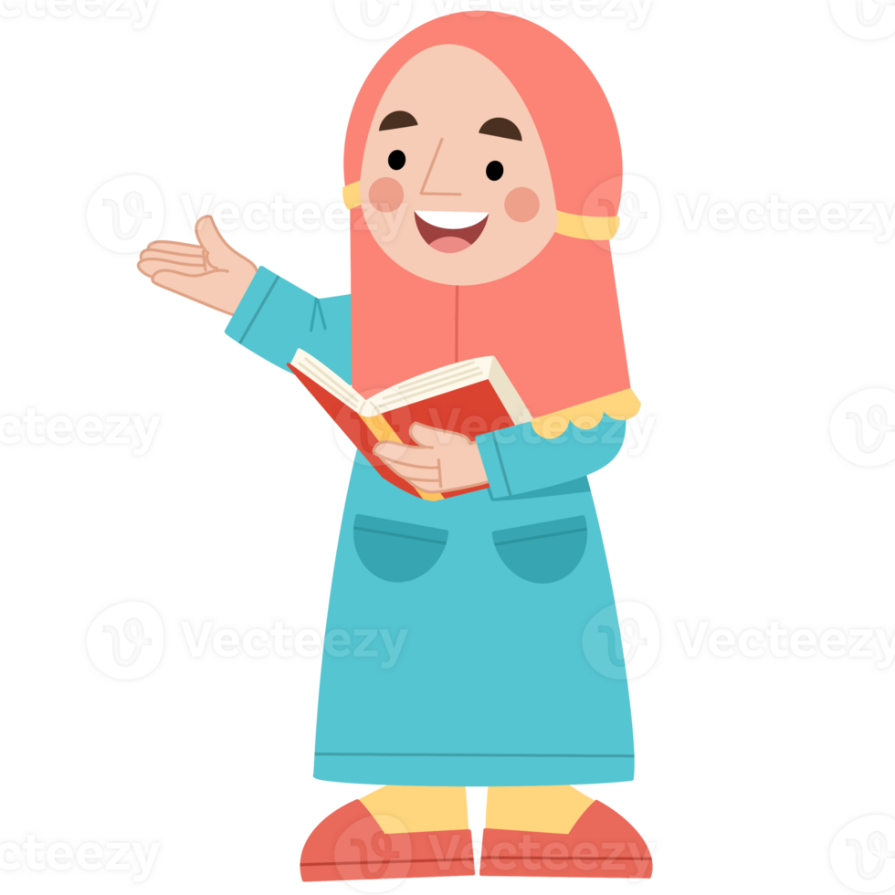 Illustration of a hijab girl standing reading a book png