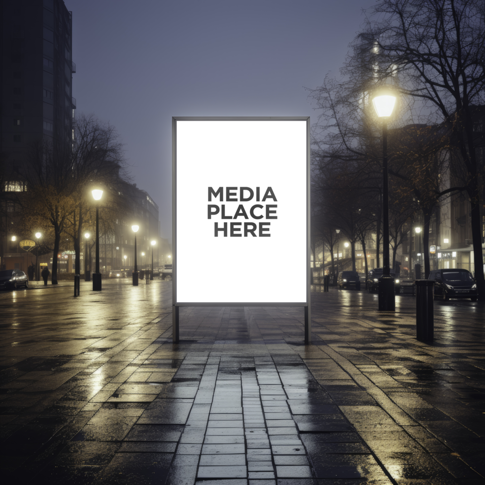 mockup of a billboard on a city street at night psd