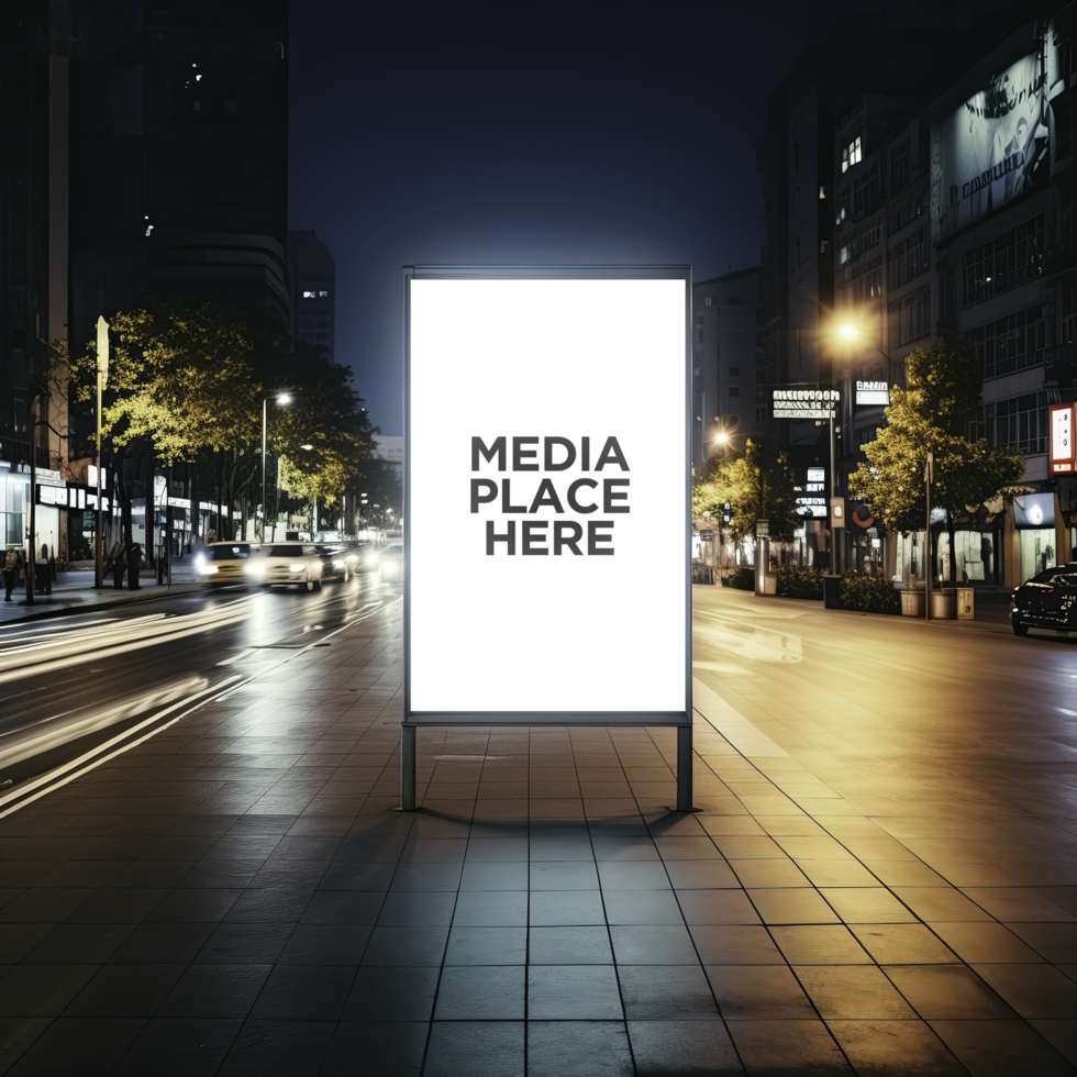 mockup of a billboard on a city street at night psd