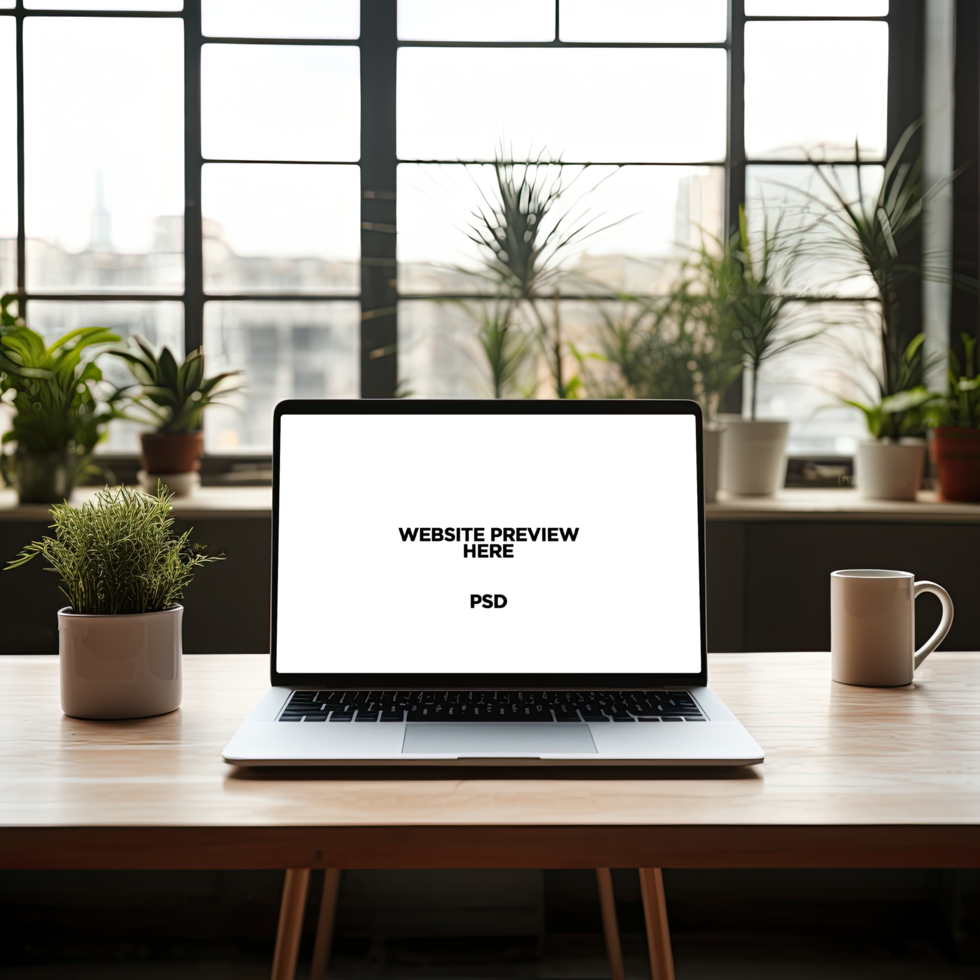 laptop mockup table deco and coffee cup psd