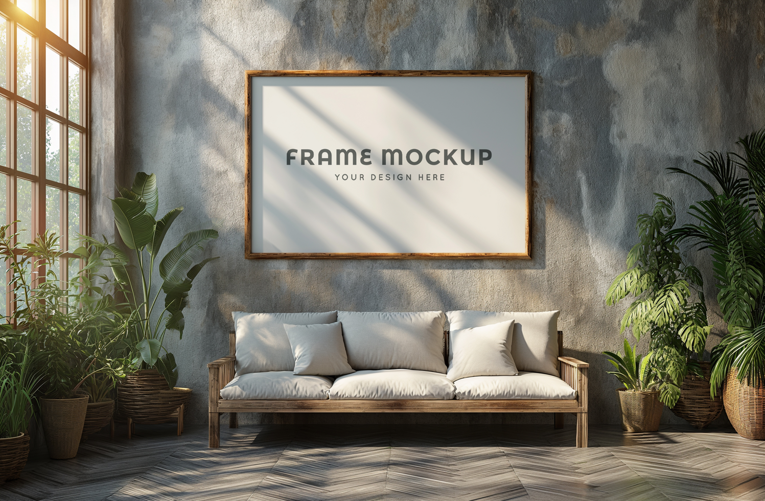 Photo frame mock up in a room decorated with plants psd